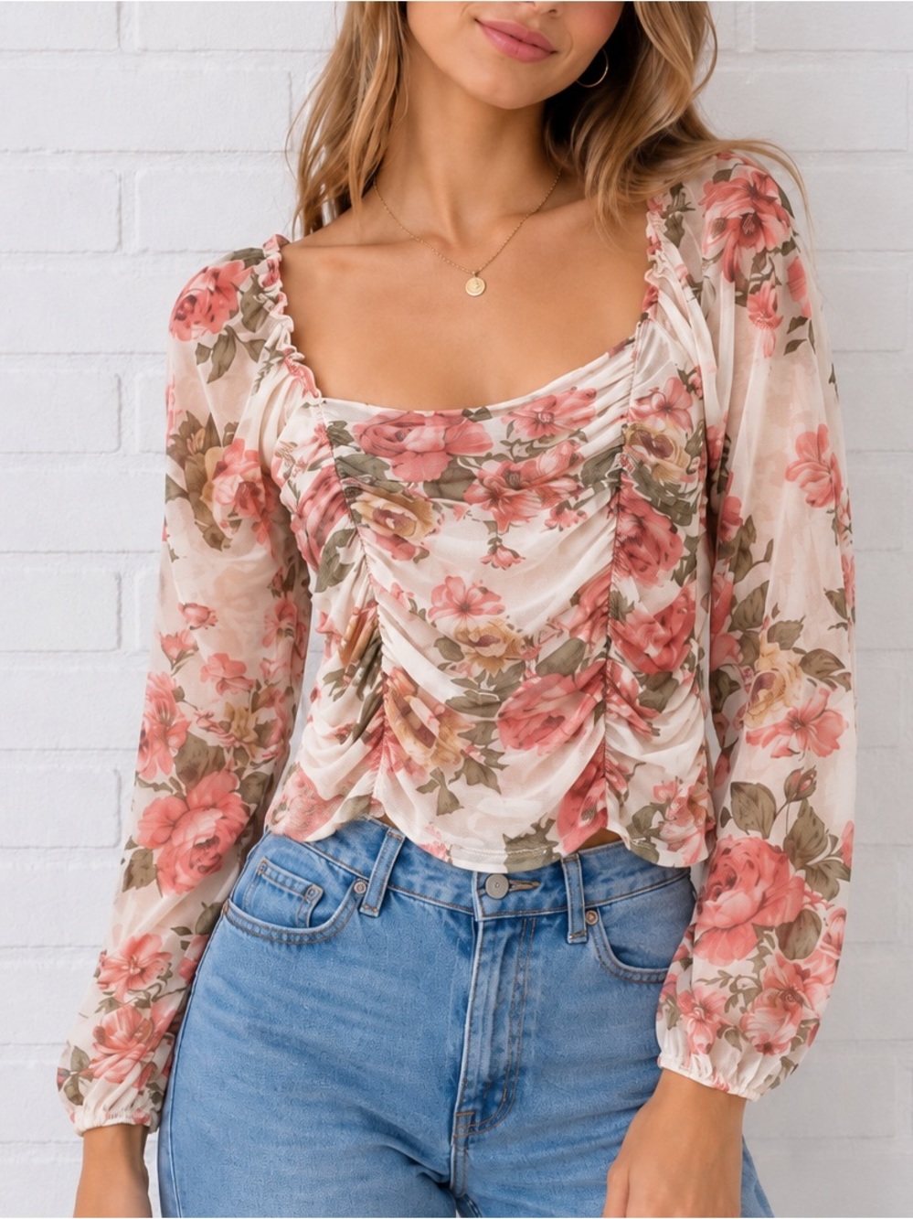 Floral Mesh Ruched Crop Top M Sheer Long Sleeve Y2K Coquette Fairycore Romantic